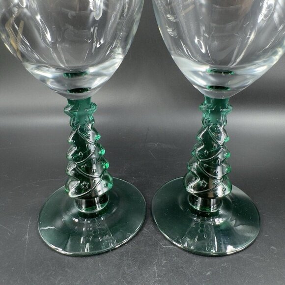 Libbey Green Christmas Tree Stem Water Goblet Wine Glass Crystal Cup Set Of 2 - Picture 8 of 15